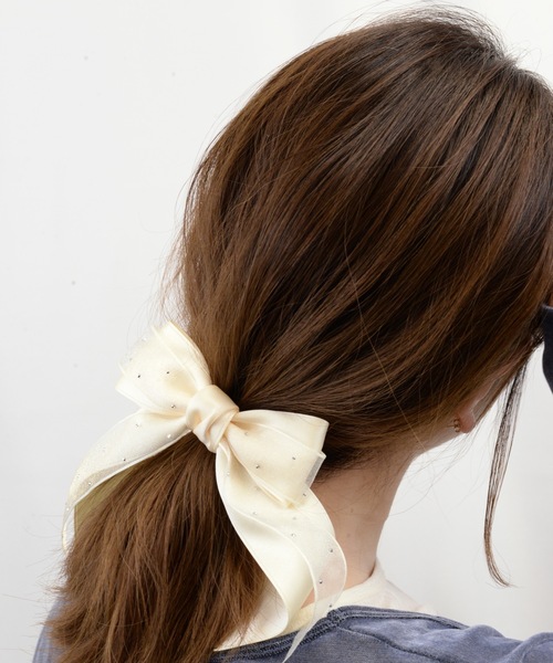 セール】スタッズ×サテンリボンフックポニー ヘアカフ（バレッタ/ヘア