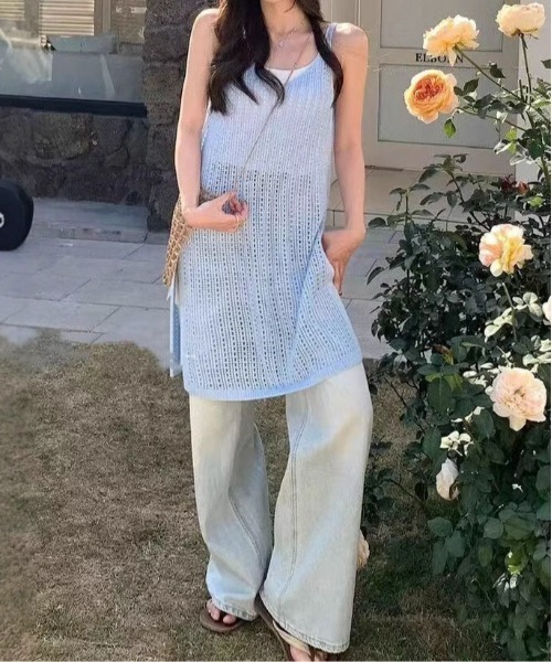 セール】メッシュニット スリットキャミワンピース（キャミソール