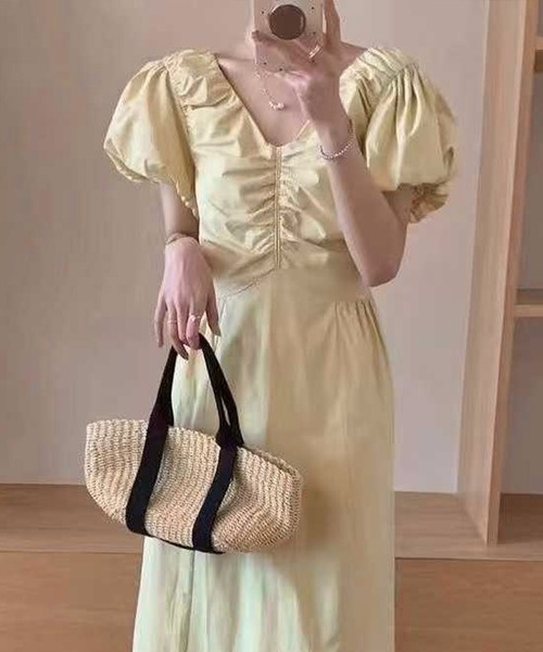 セール】フロント シャーリング Vネック パフスリーブ ロング
