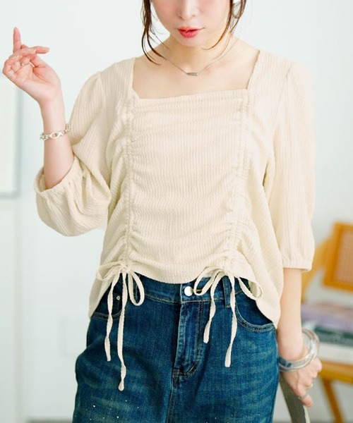 GOLDJAPAN(ゴールドジャパン)の「前絞りスクエアネックトップス【大きいサイズ対応】(シャツ/ブラウス・レディース・ブルー/オフホワイト/ブラック・LL/3L/5L/4L)」の2枚目の写真