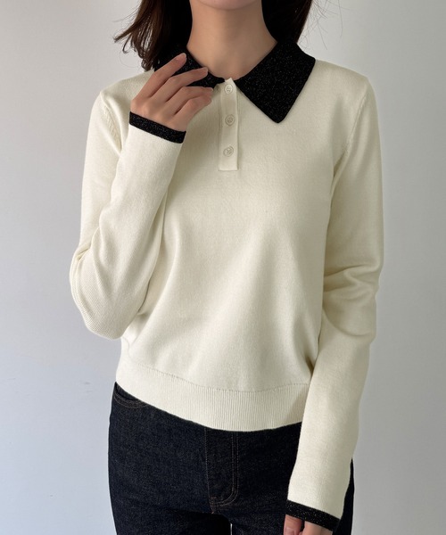 mipiarl（ミピアール）の「ラメ襟配色ポロニット（ニット/セーター・レディース・チャコール/ネイビー/オフホワイト・LARGE/MEDIUM）」の7枚目の写真