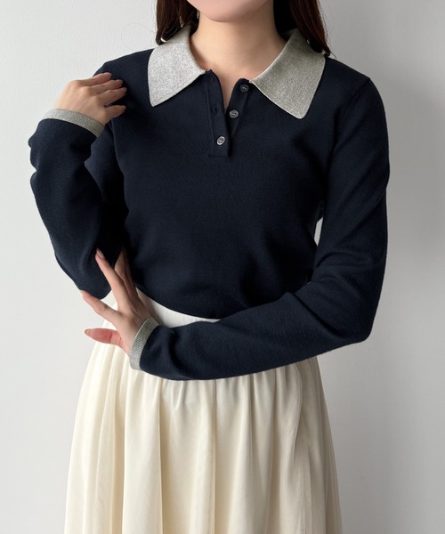 mipiarl（ミピアール）の「ラメ襟配色ポロニット（ニット/セーター・レディース・チャコール/ネイビー/オフホワイト・LARGE/MEDIUM）」の16枚目の写真