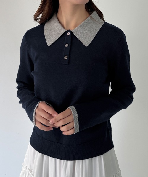 mipiarl（ミピアール）の「ラメ襟配色ポロニット（ニット/セーター・レディース・チャコール/ネイビー/オフホワイト・LARGE/MEDIUM）」の18枚目の写真