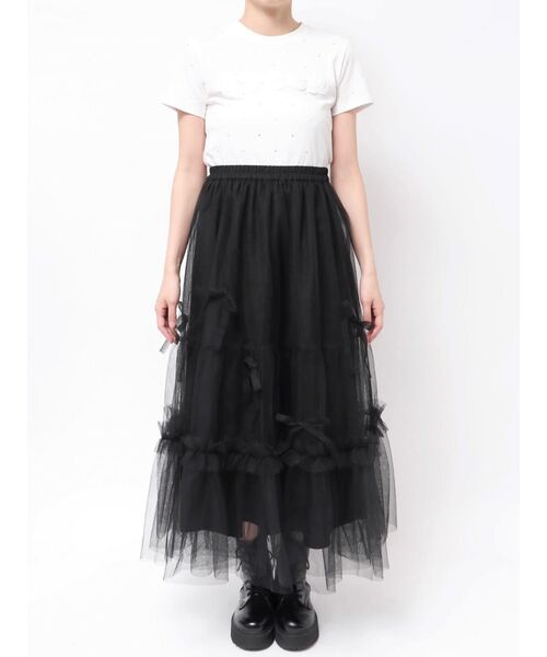 超美品TO BE CHIC 2025 リボンチュール黒のスカート定価58300円 2024秋コーデ特集 ファッション 超美品TO BE CHIC 2025 リボン