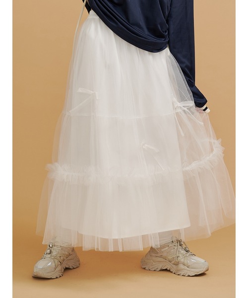jouetie（ジュエティ）の「チュールリボンロングスカート（スカート・レディース・ブラック/オフホワイト・MEDIUM）」の2枚目の写真