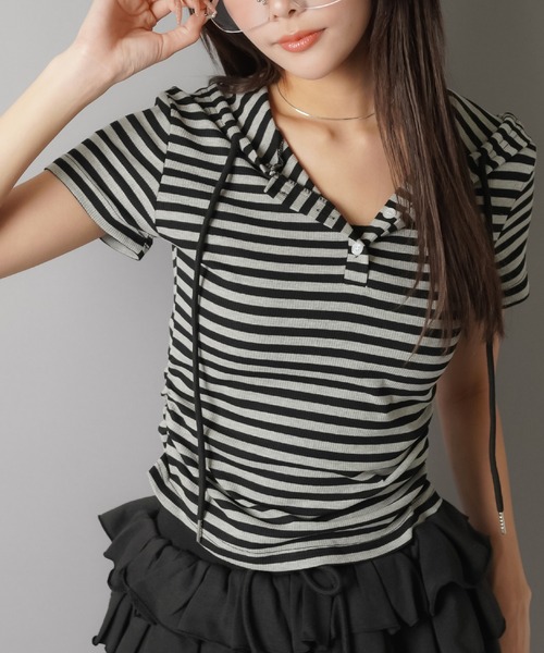 SPINNS（スピンズ）の「半袖パーカーカットソー/ボーダー/ヘンリーネック/ウィッシュコア（Tシャツ/カットソー・レディース・ブラック/チャコールグレー×ブラック/グレー・ONESIZE）」の5枚目の写真