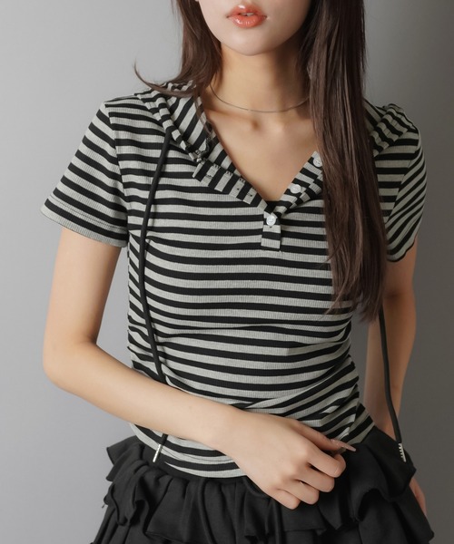 SPINNS（スピンズ）の「半袖パーカーカットソー/ボーダー/ヘンリーネック/ウィッシュコア（Tシャツ/カットソー・レディース・ブラック/チャコールグレー×ブラック/グレー・ONESIZE）」の4枚目の写真