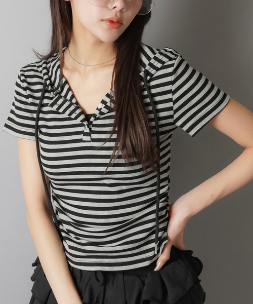 SPINNS（スピンズ）の「半袖パーカーカットソー/ボーダー/ヘンリーネック/ウィッシュコア（Tシャツ/カットソー・レディース・ブラック/チャコールグレー×ブラック/グレー・ONESIZE）」の6枚目の写真