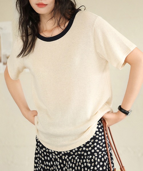 DAY CLOSET(デイ クローゼット)の「【通気性・吸湿性あり】半袖 バイカラー 配色 サマーニット Tシャツ レディース(Tシャツ/カットソー・レディース・グレー/ホワイト/ベージュ系その他/ネイビー/ベージュ・M/L)」の1枚目の写真
