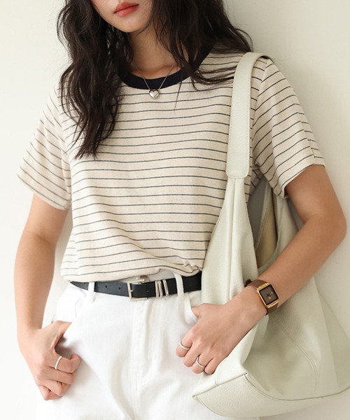 DAY CLOSET(デイ クローゼット)の「【通気性・吸湿性あり】半袖 バイカラー 配色 サマーニット Tシャツ レディース(Tシャツ/カットソー・レディース・グレー/ホワイト/ベージュ系その他/ネイビー/ベージュ・M/L)」の4枚目の写真