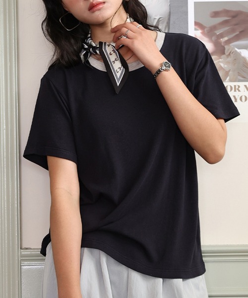 DAY CLOSET(デイ クローゼット)の「【通気性・吸湿性あり】半袖 バイカラー 配色 サマーニット Tシャツ レディース(Tシャツ/カットソー・レディース・グレー/ホワイト/ベージュ系その他/ネイビー/ベージュ・M/L)」の5枚目の写真