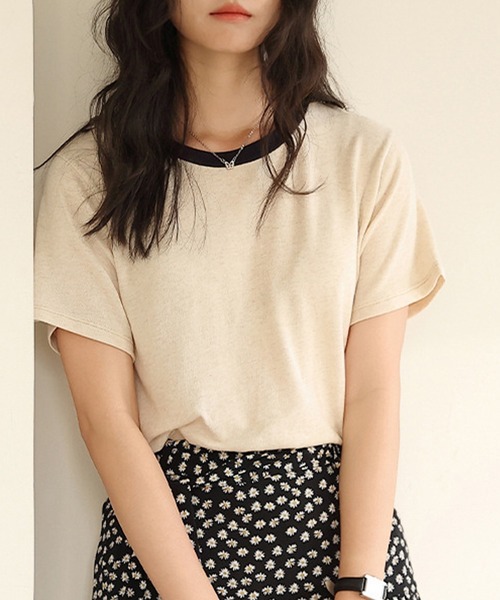 DAY CLOSET(デイ クローゼット)の「【通気性・吸湿性あり】半袖 バイカラー 配色 サマーニット Tシャツ レディース(Tシャツ/カットソー・レディース・グレー/ホワイト/ベージュ系その他/ネイビー/ベージュ・M/L)」の21枚目の写真