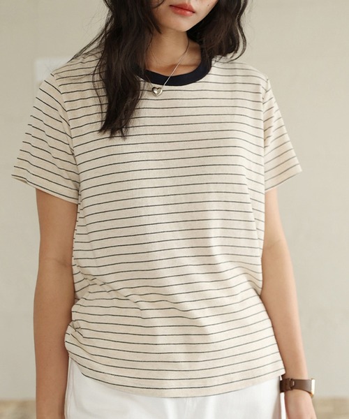 DAY CLOSET(デイ クローゼット)の「【通気性・吸湿性あり】半袖 バイカラー 配色 サマーニット Tシャツ レディース(Tシャツ/カットソー・レディース・グレー/ホワイト/ベージュ系その他/ネイビー/ベージュ・M/L)」の18枚目の写真