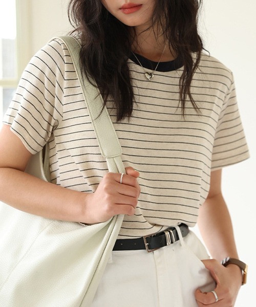 DAY CLOSET(デイ クローゼット)の「【通気性・吸湿性あり】半袖 バイカラー 配色 サマーニット Tシャツ レディース(Tシャツ/カットソー・レディース・グレー/ホワイト/ベージュ系その他/ネイビー/ベージュ・M/L)」の8枚目の写真