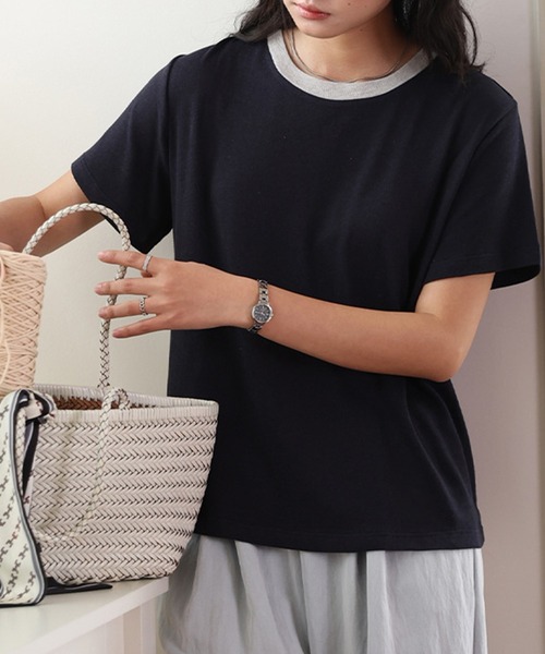 DAY CLOSET(デイ クローゼット)の「【通気性・吸湿性あり】半袖 バイカラー 配色 サマーニット Tシャツ レディース(Tシャツ/カットソー・レディース・グレー/ホワイト/ベージュ系その他/ネイビー/ベージュ・M/L)」の10枚目の写真