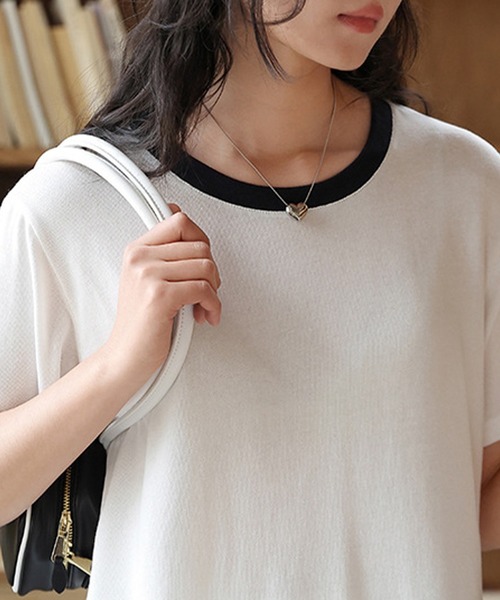 DAY CLOSET(デイ クローゼット)の「【通気性・吸湿性あり】半袖 バイカラー 配色 サマーニット Tシャツ レディース(Tシャツ/カットソー・レディース・グレー/ホワイト/ベージュ系その他/ネイビー/ベージュ・M/L)」の14枚目の写真