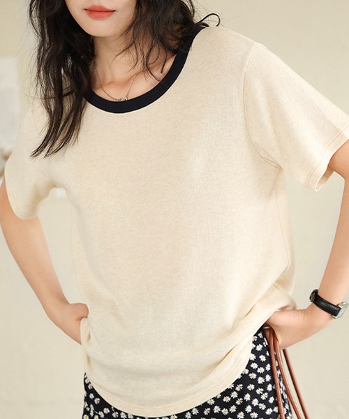 DAY CLOSET(デイ クローゼット)の「【通気性・吸湿性あり】半袖 バイカラー 配色 サマーニット Tシャツ レディース(Tシャツ/カットソー・レディース・グレー/ホワイト/ベージュ系その他/ネイビー/ベージュ・M/L)」の20枚目の写真