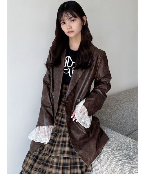 セール】カフスレースフェイクレザージャケット（テーラードジャケット