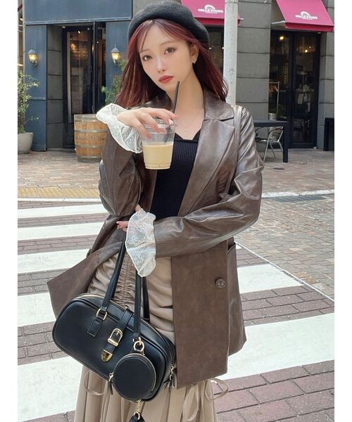 セール】カフスレースフェイクレザージャケット（テーラードジャケット