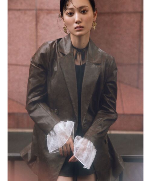 セール】カフスレースフェイクレザージャケット（テーラードジャケット