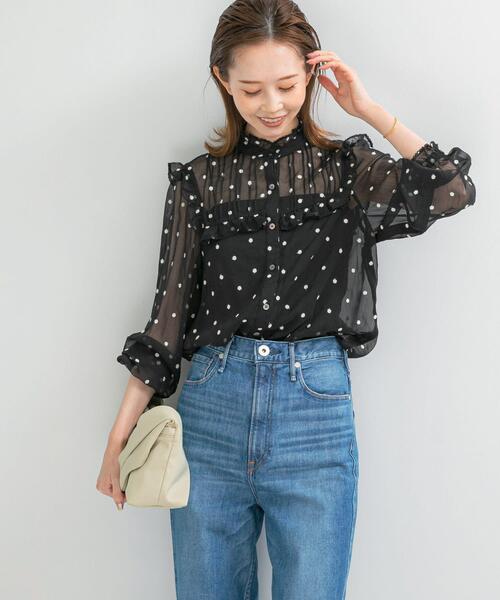 セール】『WEB限定』フラワー刺繍フリルネックブラウス（シャツ