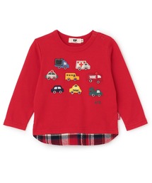 車アップリケ×裾チェック 長袖Tシャツ