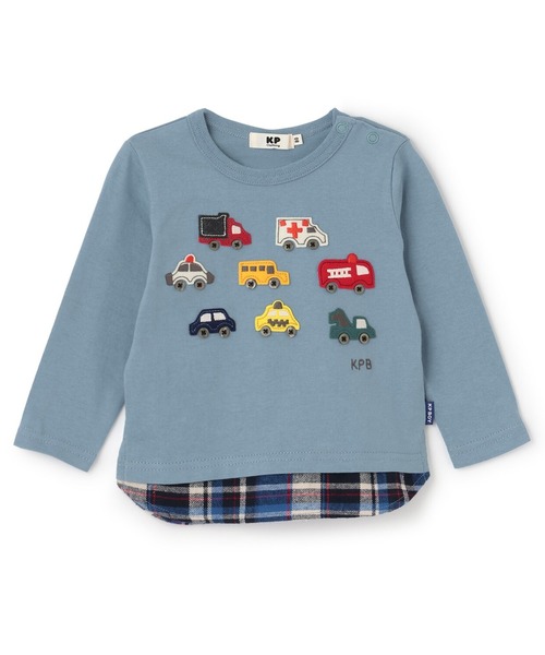 KP BOY（ケーピーボーイ）の「車アップリケ×裾チェック 長袖Tシャツ（Tシャツ/カットソー・キッズ・レッド/ブルー・80ｃｍ/90cm/100cm/120cm/130cm/110cm）」の2枚目の写真