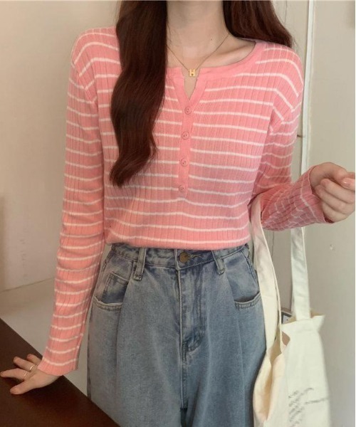 shyam inspiration(シャムインスピレーション)の「ボーダー タイトニットトップス / ロンT(Tシャツ/カットソー・レディース・ホワイト/ブルー/ブラック/ピンク/イエロー・F)」の5枚目の写真