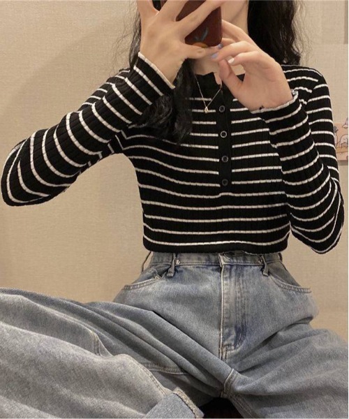 shyam inspiration(シャムインスピレーション)の「ボーダー タイトニットトップス / ロンT(Tシャツ/カットソー・レディース・ホワイト/ブルー/ブラック/ピンク/イエロー・F)」の15枚目の写真