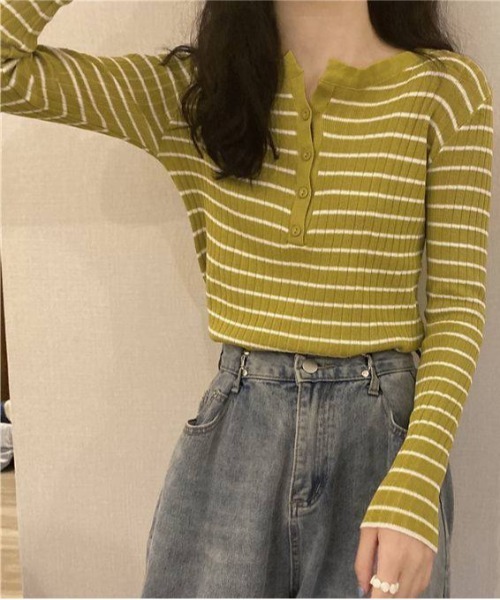shyam inspiration(シャムインスピレーション)の「ボーダー タイトニットトップス / ロンT(Tシャツ/カットソー・レディース・ホワイト/ブルー/ブラック/ピンク/イエロー・F)」の16枚目の写真