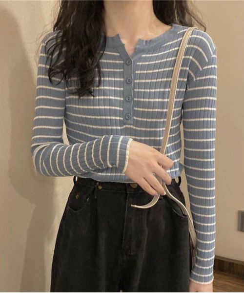 shyam inspiration(シャムインスピレーション)の「ボーダー タイトニットトップス / ロンT(Tシャツ/カットソー・レディース・ホワイト/ブルー/ブラック/ピンク/イエロー・F)」の18枚目の写真