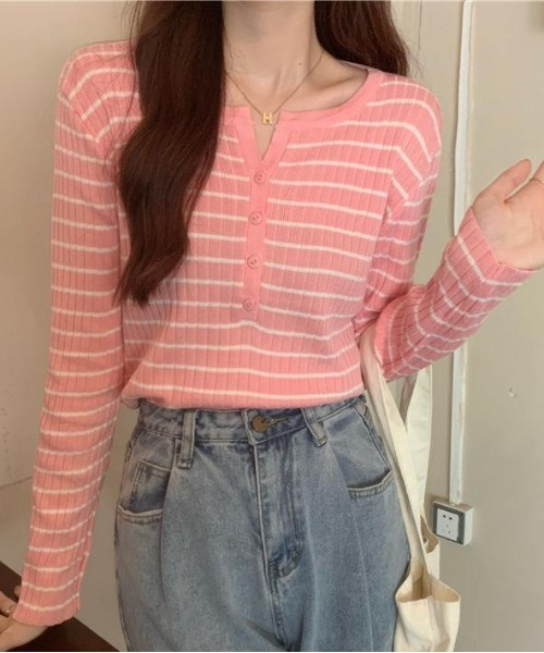 shyam inspiration(シャムインスピレーション)の「ボーダー タイトニットトップス / ロンT(Tシャツ/カットソー・レディース・ホワイト/ブルー/ブラック/ピンク/イエロー・F)」の20枚目の写真