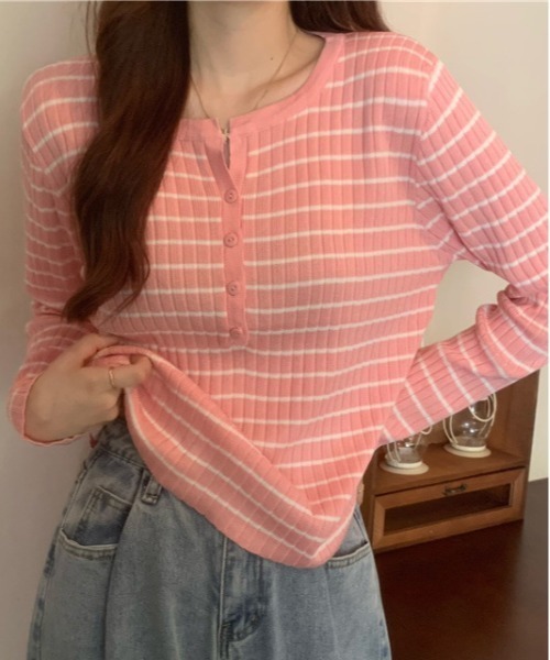 shyam inspiration(シャムインスピレーション)の「ボーダー タイトニットトップス / ロンT(Tシャツ/カットソー・レディース・ホワイト/ブルー/ブラック/ピンク/イエロー・F)」の21枚目の写真