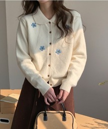 刺繍カーディガン長袖セーター