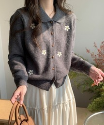 刺繍カーディガン長袖セーター