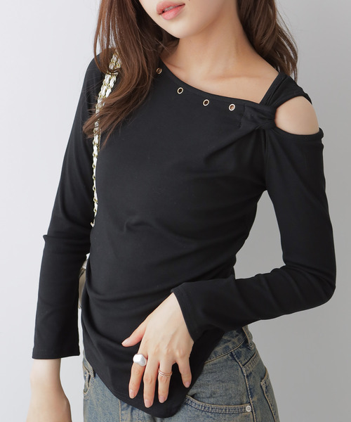 VIVID LADY(ビビッドレディー)の「アシンメトリーワンショルダートップス(Tシャツ/カットソー・レディース・アイボリー/ブラック・FREE)」の2枚目の写真