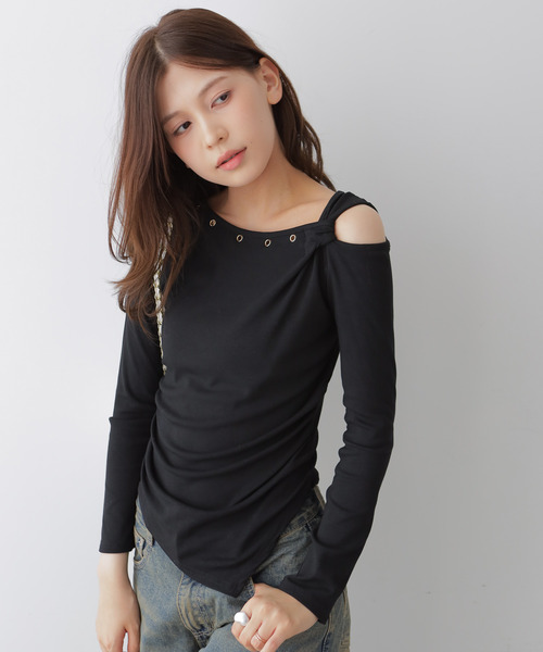 VIVID LADY(ビビッドレディー)の「アシンメトリーワンショルダートップス(Tシャツ/カットソー・レディース・アイボリー/ブラック・FREE)」の10枚目の写真