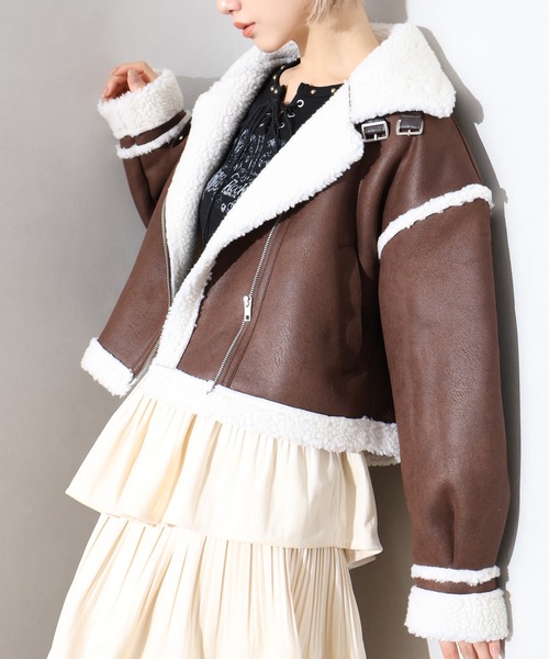 セール】フェイクムートンクロップドジャケット（ムートンコート