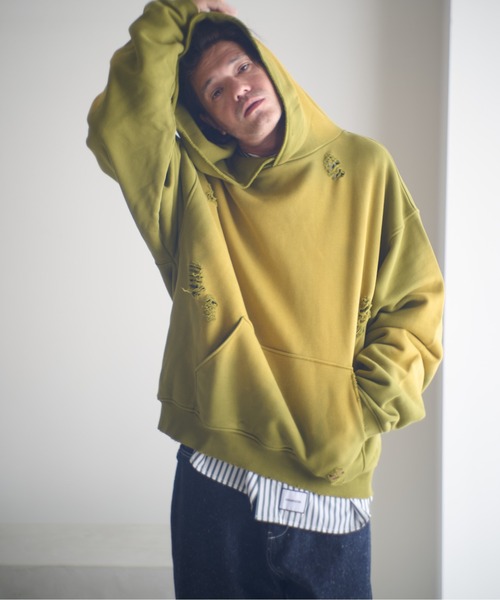 ADAMPATEK/aged green damage pullover hoodie/エイジング加工ダメージ