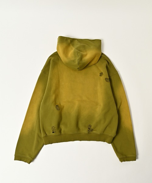 ADAMPATEK/aged green damage pullover hoodie/エイジング加工ダメージ