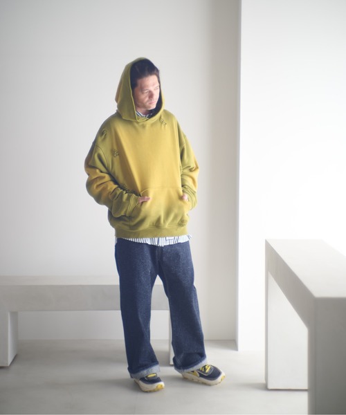 ADAMPATEK/aged green damage pullover hoodie/エイジング加工ダメージ