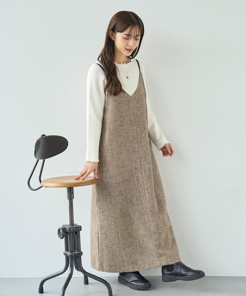 mil(ミル)の「ウールライクツイード バックリボン キャミワンピース【585104】(ワンピース・レディース・モカ/ライトグレー・FREE/XS/S)」の4枚目の写真