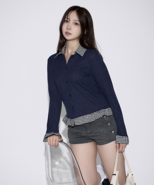tinkerend(ティンカーエンド)の「Gingham Check Rib Cardigan / ギンガムチェックリブカーディガン(シャツ/ブラウス・レディース・ネイビー/グレー・FREE)」の8枚目の写真