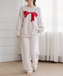 DAY CLOSET（デイ クローゼット）の「【セットアップ/静電気防止/保温性・吸湿性・通気性あり】長袖リボンシャギーニット異素材MIXトップス+ロングパンツ ルームウェア上下2点セット レディース（ルームウェア/パジャマ）」