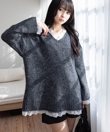 STAY MOTION | 【WEB限定】レース付きVネックニットトップス［韓国ファッション ガーリー］≪AW新作≫(ニット/セーター)