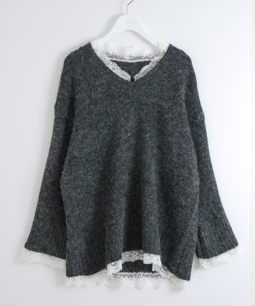 STAY MOTION（ステイモーション）の「【WEB限定】レース付きVネックニットトップス［韓国ファッション ガーリー］≪AW新作≫（ニット/セーター・レディース・オフホワイト/チャコールグレー・F）」の3枚目の写真