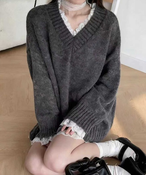 STAY MOTION（ステイモーション）の「【WEB限定】レース付きVネックニットトップス［韓国ファッション ガーリー］≪AW新作≫（ニット/セーター・レディース・オフホワイト/チャコールグレー・F）」の8枚目の写真