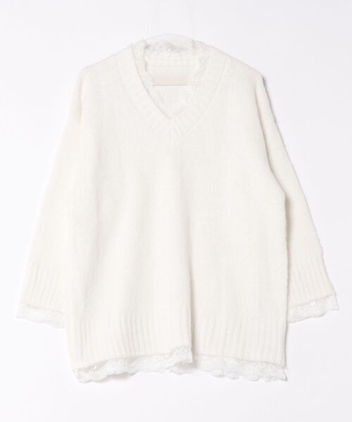 STAY MOTION（ステイモーション）の「【WEB限定】レース付きVネックニットトップス［韓国ファッション ガーリー］≪AW新作≫（ニット/セーター・レディース・オフホワイト/チャコールグレー・F）」の10枚目の写真