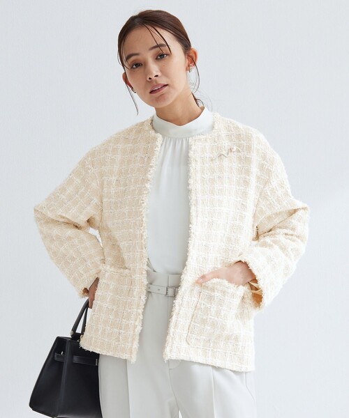 ファンシー ツイードライク ポケット ノーカラー ジャケット（ノー