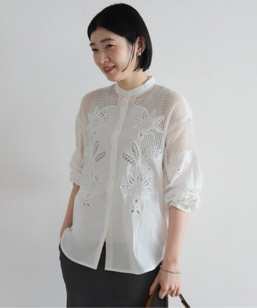 NOMBRE IMPAIR ブラウス インドメッシュクロス刺繍 スタンドネックブラウス | NOMBRE IMPAIR